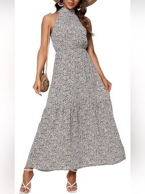 Floral Halter Maxi Dress in White and Black